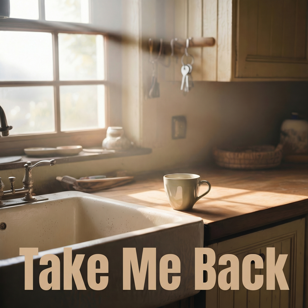 Album cover for a reflective country ballad about a man confronting the quiet mistakes that cost him the woman he loves and hoping for one last chance to make it right. The name of the new Country Music song is called Take Me Back. The image is the wife's coffee cup empty and keys missing as she has left.