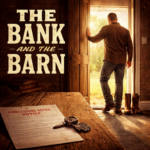 Farmer standing in a doorway holding a foreclosure letter with child’s boots by the door, symbolizing loss of family farm and resilience in a modern country song