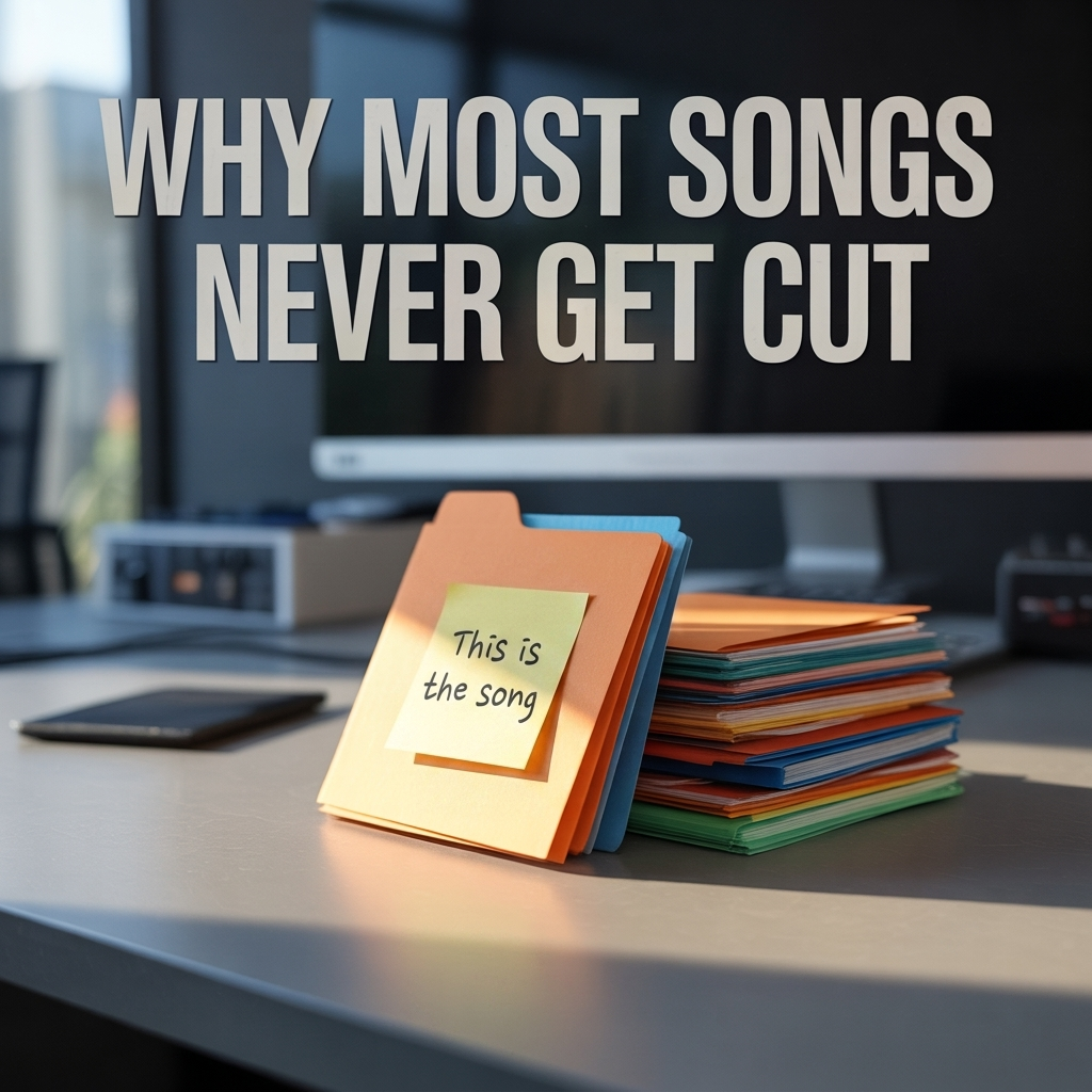 A stack of folders of lyric sheets with a note on one song selected.
