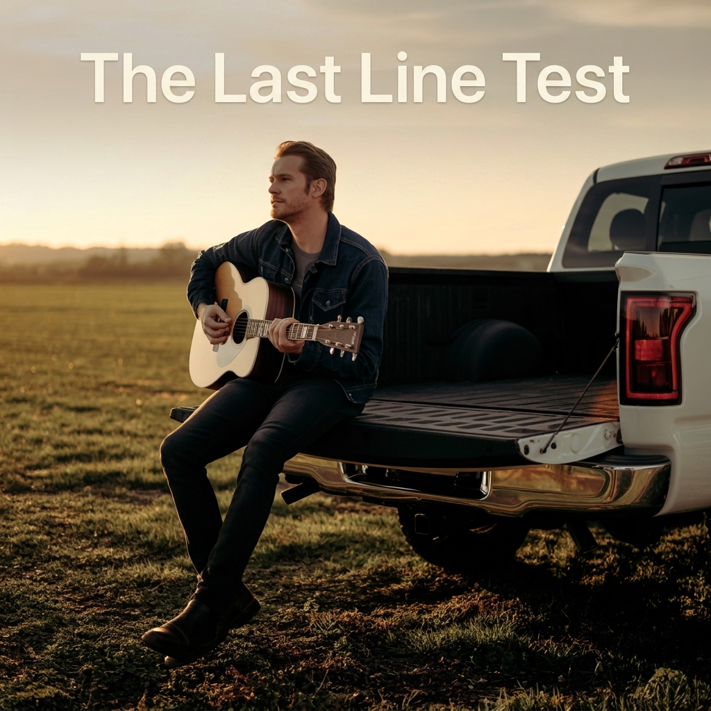A man sits on a pickup truck with a guitar for the Nashville Lyrics blog series about songwriting. The Last Line Test.