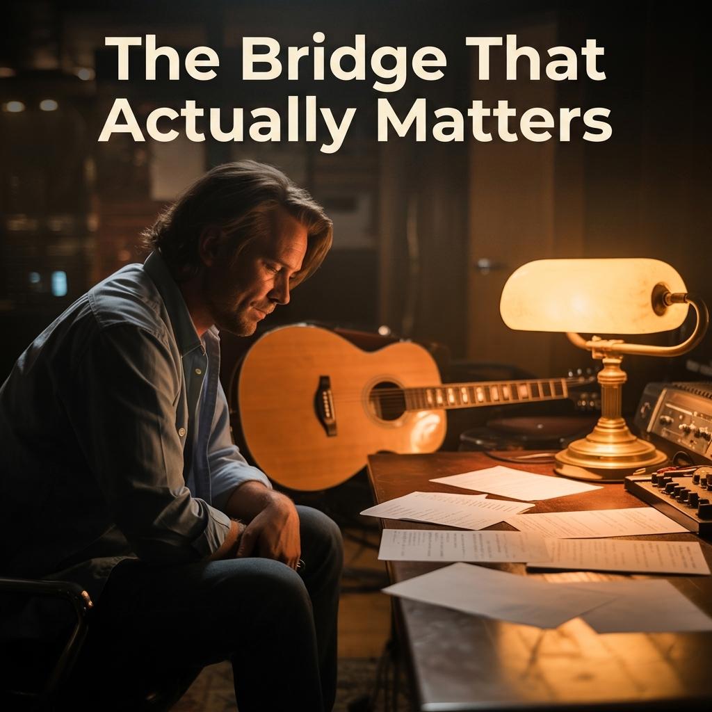 A musician writing music and struggling to get the lyrics right as he writes the bridge.