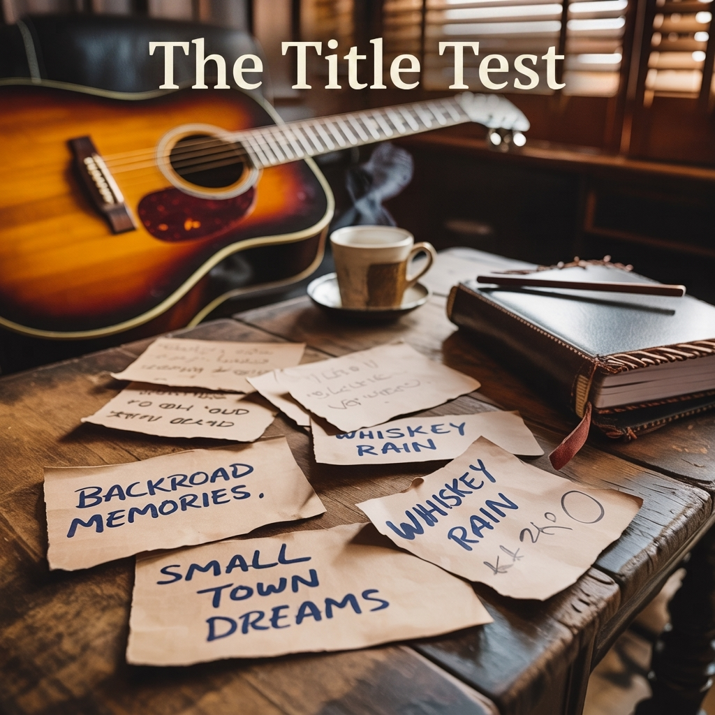 A guitar with scattered lyric notes for a blog called The Title Test, a professional blog for lyric writers of country music.
