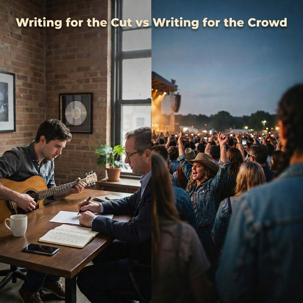 A split image with a Nashville professional music writing session and the other side of the image is a Nashville country music concert.