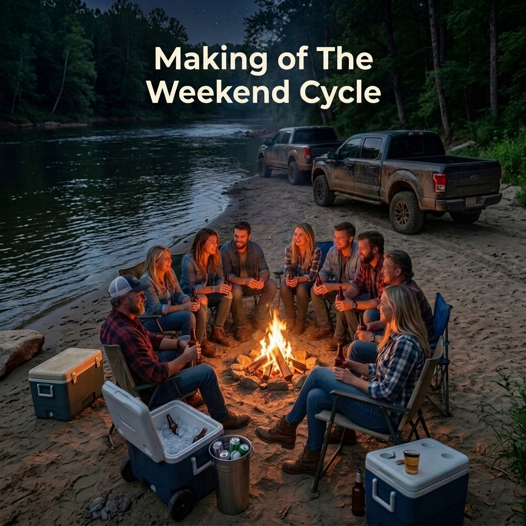 A picture of friends enjoying a night along a river bank.