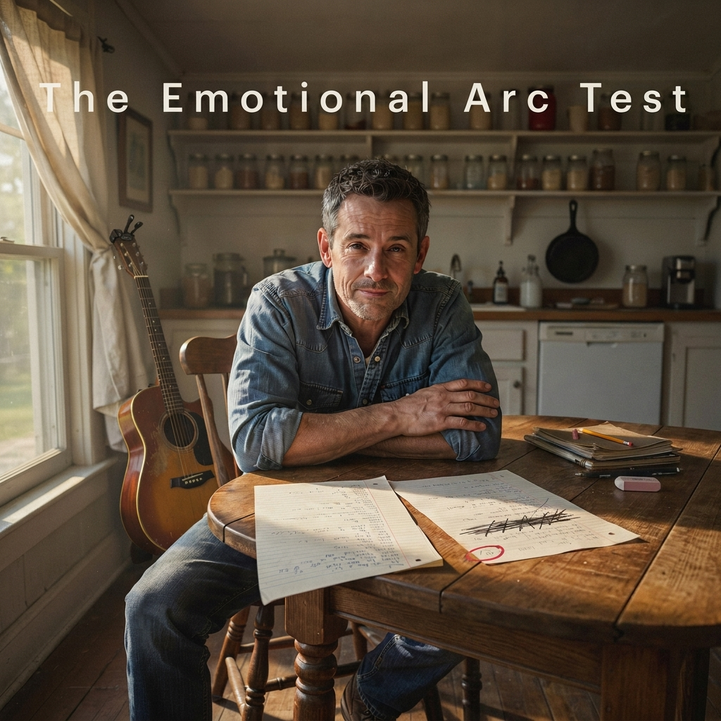 A man writes country music lyrics at a kitchen table for Nashville Lyrics.