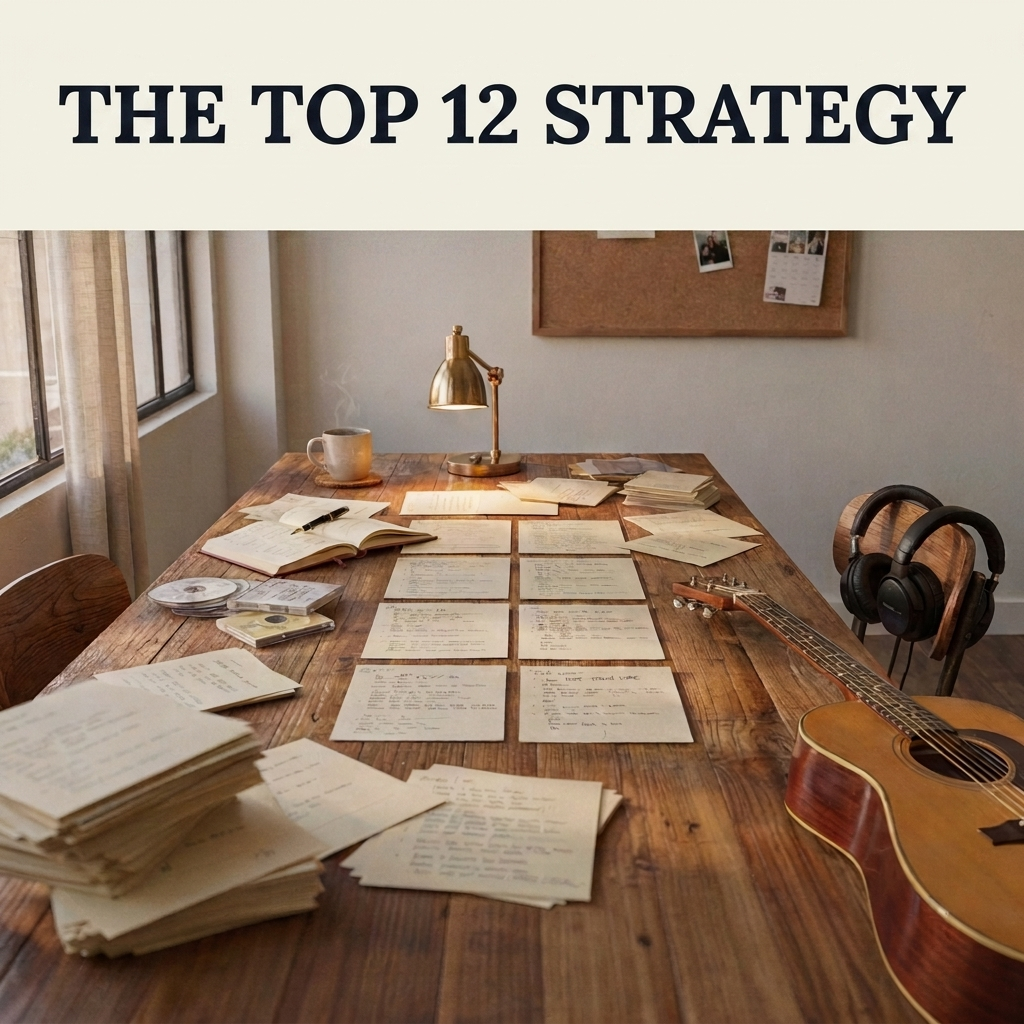 Lyric sheets on a table going through which songs are the top 12.