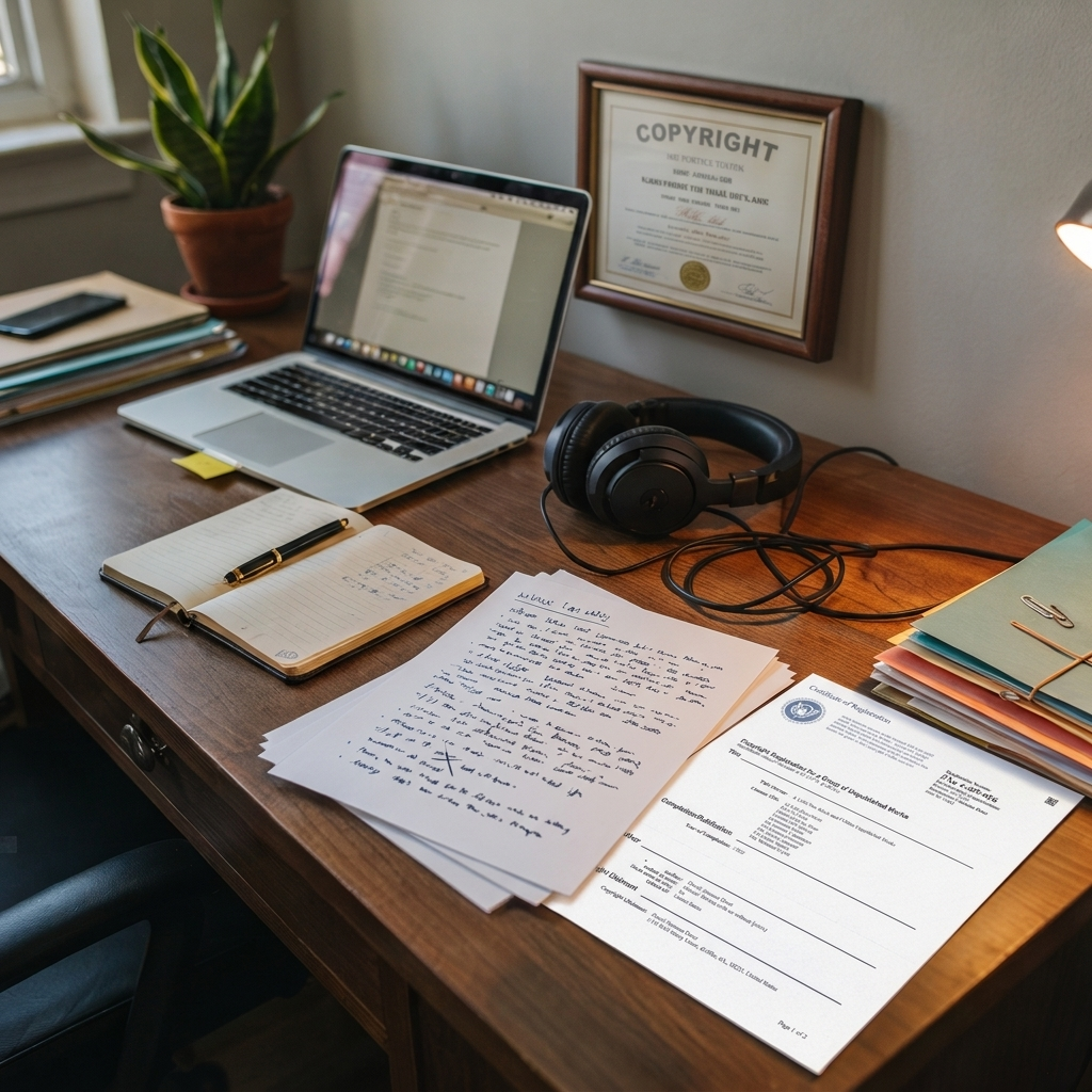 A songwriters desk to include copyright information, song lyrics and a computer
