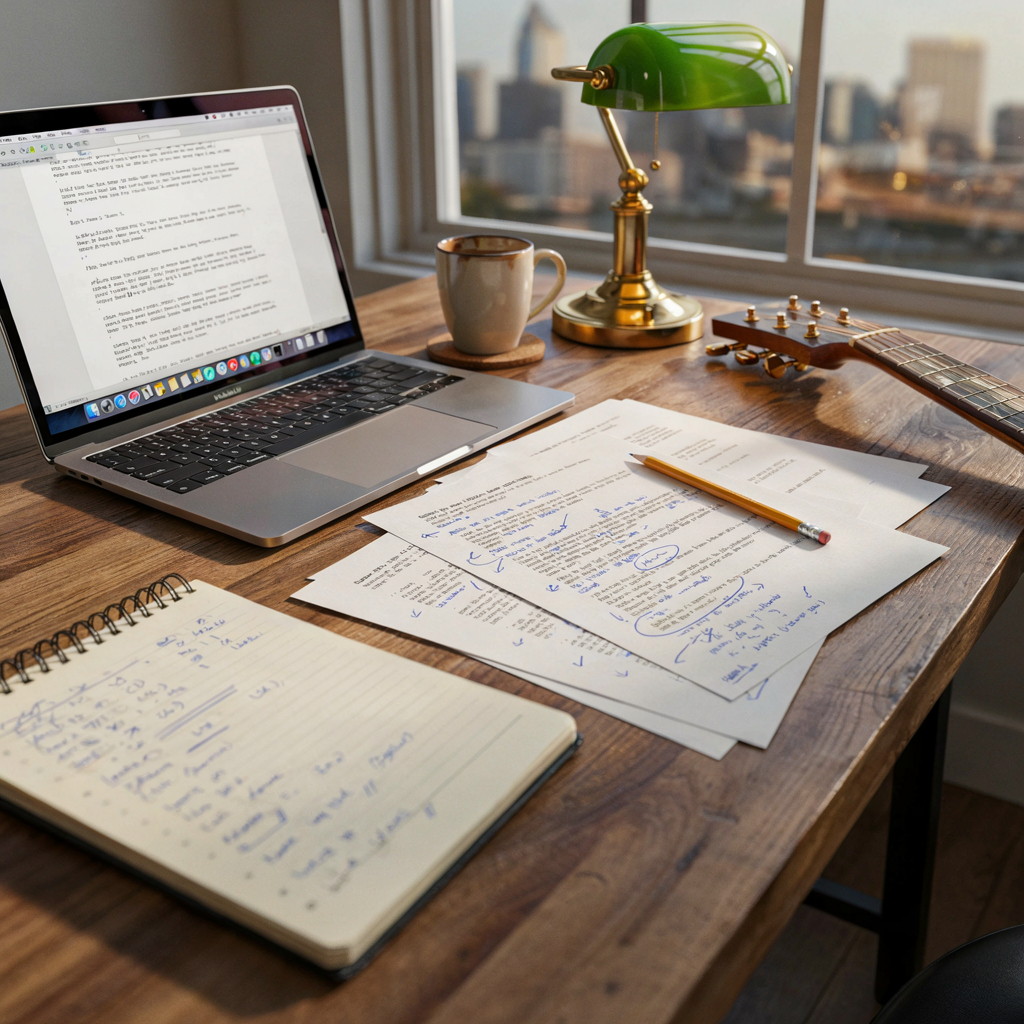 A songwriters desk with AI generated lyrics on the computer and hand notes editing for song use.