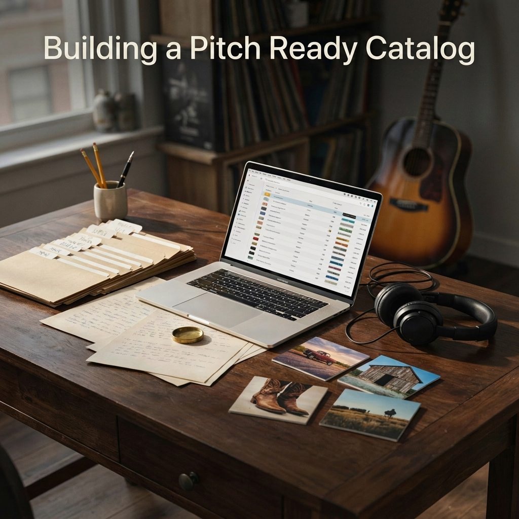A table with a music catalog as the computer sorts through the best song selections.