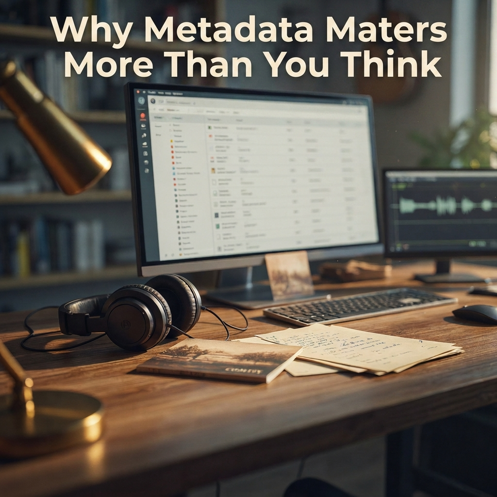 A headphone and a computer on a desk for the image of Why Metadata Matters More Than You Think.